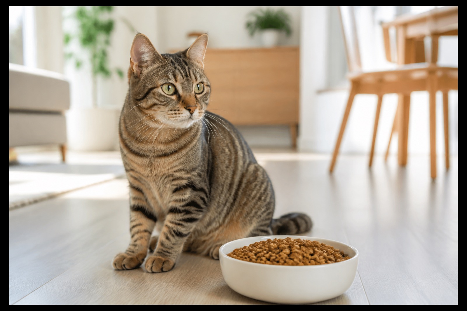 Gatto adulto con una ciotola di crocchette senza marchio